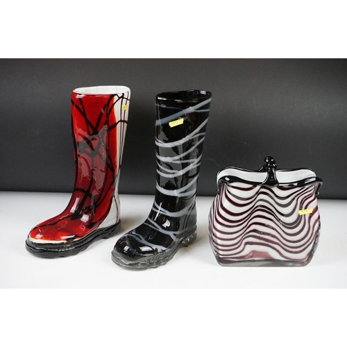 36 - Three Laguna art glass vases, to include two in the form of boots (tallest approx 26cm)