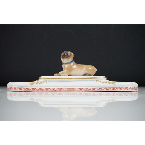 38 - Meissen porcelain paperweight modelled as a recumbent Pug dog (a/f, approx 19cm wide), together with... 