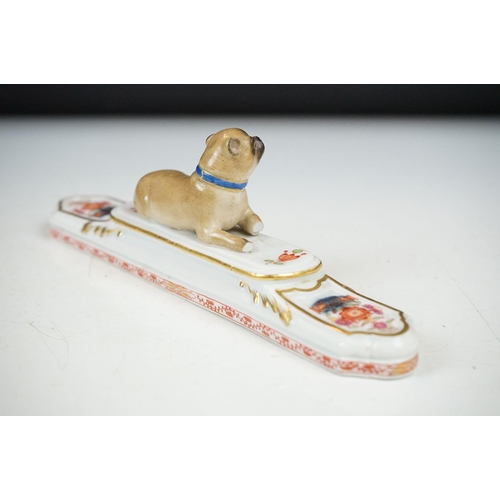 38 - Meissen porcelain paperweight modelled as a recumbent Pug dog (a/f, approx 19cm wide), together with... 