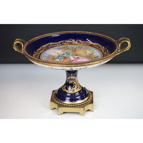 44 - 19th Century French porcelain tazza with hand painted central panel depicting a courting couple (sig... 