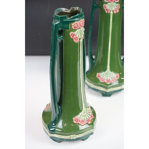 46 - Pair of Eichwald Secessionist twin-handled vases, of inverted trumpet form, with floral decoration o... 