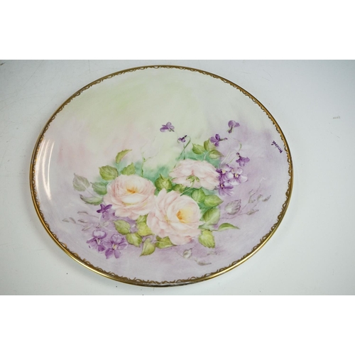 49 - Three Barbara Andrée hand painted sandwich & cake plates, two decorated with roses, signed (largest ... 