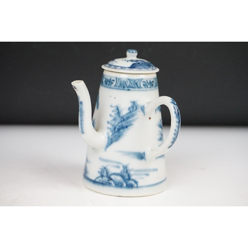 58 - 18th Century Chinese blue & white chocolate pot and cover, decorated with a mountainous landscape sc... 