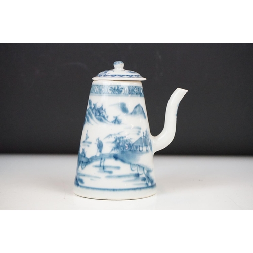 58 - 18th Century Chinese blue & white chocolate pot and cover, decorated with a mountainous landscape sc... 