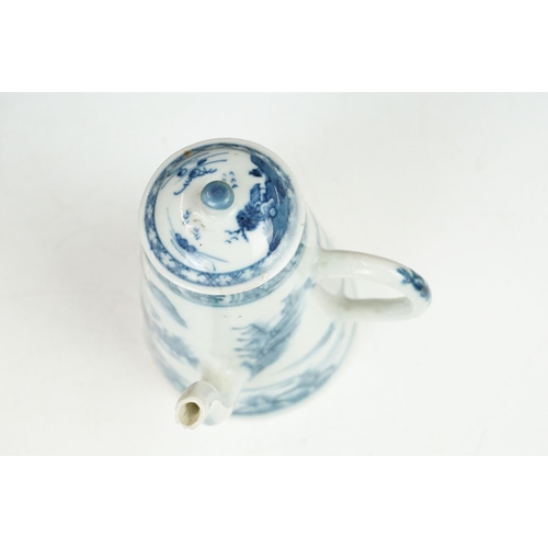 58 - 18th Century Chinese blue & white chocolate pot and cover, decorated with a mountainous landscape sc... 