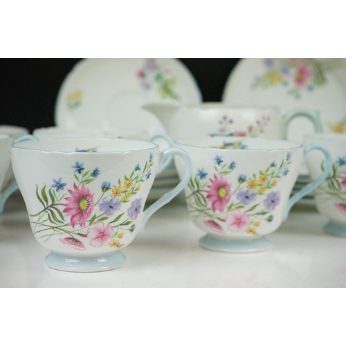 65 - Shelley ' Wild Flowers ' tea set to include 6 teacups & saucers, 6 tea plates, milk jug and sugar bo... 