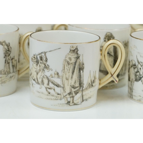 66 - French porcelain part tea / coffee set, decorated with scenes of figures & camels in the desert, to ... 