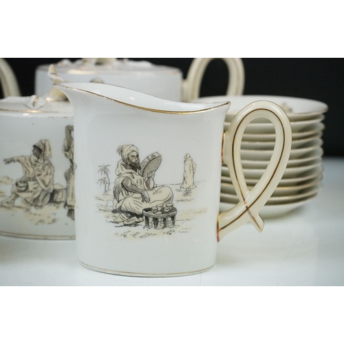 66 - French porcelain part tea / coffee set, decorated with scenes of figures & camels in the desert, to ... 