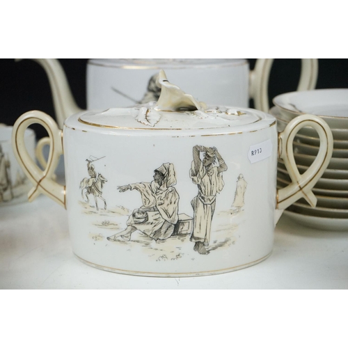 66 - French porcelain part tea / coffee set, decorated with scenes of figures & camels in the desert, to ... 