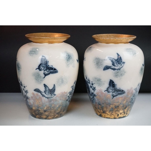 73 - Pair of English Aesthetic period 'Satsuma' vases, circa 1880's, decorated with butterflies and birds... 