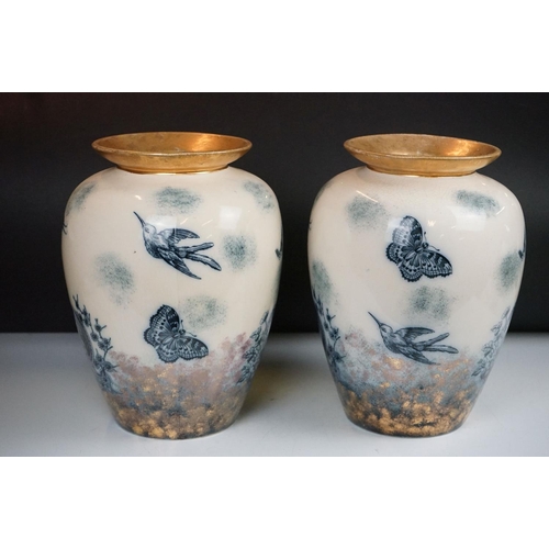 73 - Pair of English Aesthetic period 'Satsuma' vases, circa 1880's, decorated with butterflies and birds... 