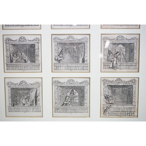 377 - George Cruikshank - Set of Twenty small Black and White Engravings of a Punch & Judy Show, each imag... 