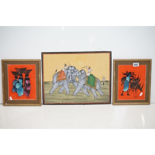 384 - Two Signed African Paintings of Figure herding antelope and Figures carrying containers on their hea... 