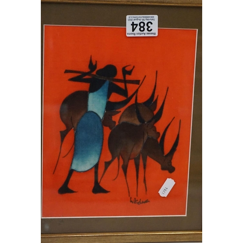 384 - Two Signed African Paintings of Figure herding antelope and Figures carrying containers on their hea... 