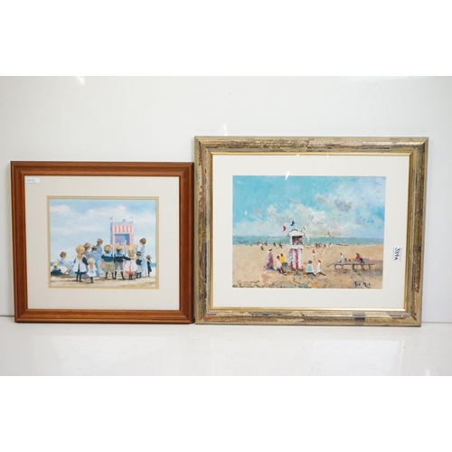 384A - Punch and Judy show beach scene, oil on board, indistinctly signed lower right, 29 x 39cm, framed an... 