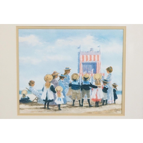 384A - Punch and Judy show beach scene, oil on board, indistinctly signed lower right, 29 x 39cm, framed an... 