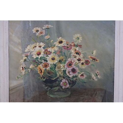 386 - E. Court, still life vase of flowers, oil on canvas, signed lower left, 49.5 x 60cm, framed, label v... 