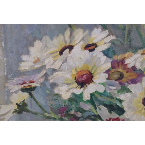 386 - E. Court, still life vase of flowers, oil on canvas, signed lower left, 49.5 x 60cm, framed, label v... 