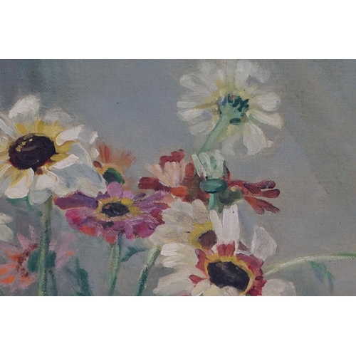 386 - E. Court, still life vase of flowers, oil on canvas, signed lower left, 49.5 x 60cm, framed, label v... 