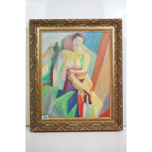 389 - Framed modernist oil painting of a nude female in a studio posing, 52.5cm x 42cm