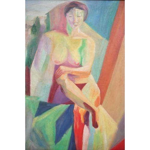 389 - Framed modernist oil painting of a nude female in a studio posing, 52.5cm x 42cm