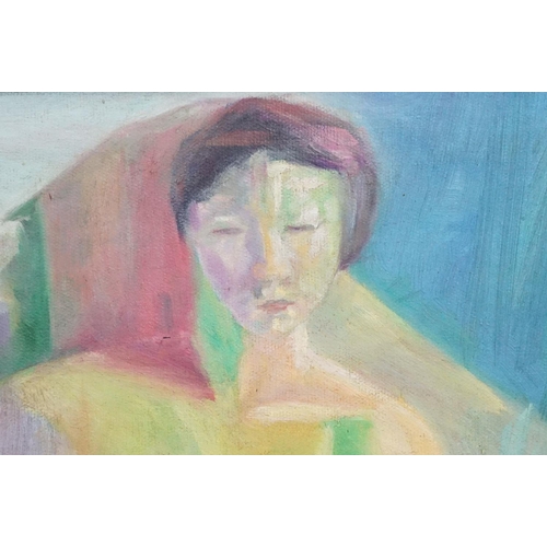 389 - Framed modernist oil painting of a nude female in a studio posing, 52.5cm x 42cm