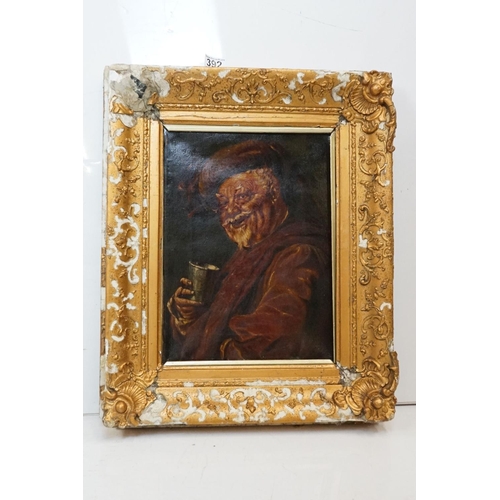 392 - Antique oil on canvas portrait of an elderly bearded man holding a drinking goblet, 35cm x 25cm