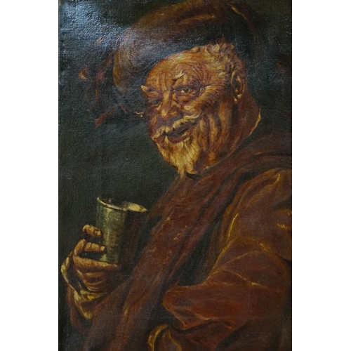 392 - Antique oil on canvas portrait of an elderly bearded man holding a drinking goblet, 35cm x 25cm