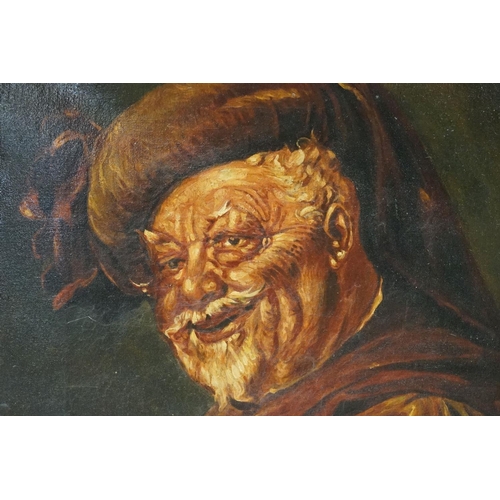 392 - Antique oil on canvas portrait of an elderly bearded man holding a drinking goblet, 35cm x 25cm