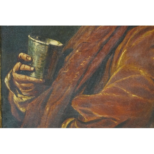 392 - Antique oil on canvas portrait of an elderly bearded man holding a drinking goblet, 35cm x 25cm