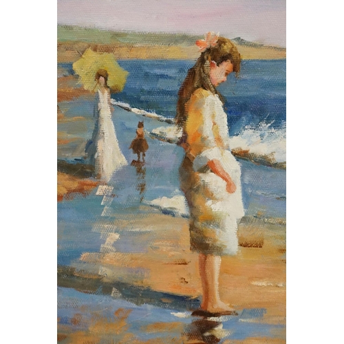 395 - Oil on canvas of an impressionist beach scene with children beachcombing, 29.5cm x 39.5cm