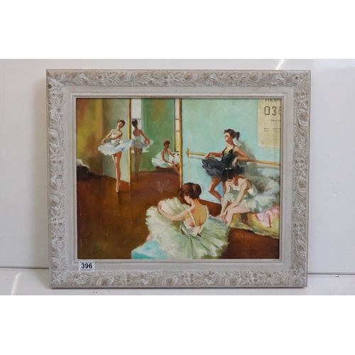 396 - A Russian oil on canvas depicting young ballerinas in a dance studio signed and inscribed on verso, ... 