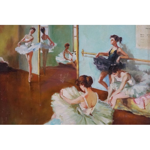 396 - A Russian oil on canvas depicting young ballerinas in a dance studio signed and inscribed on verso, ... 