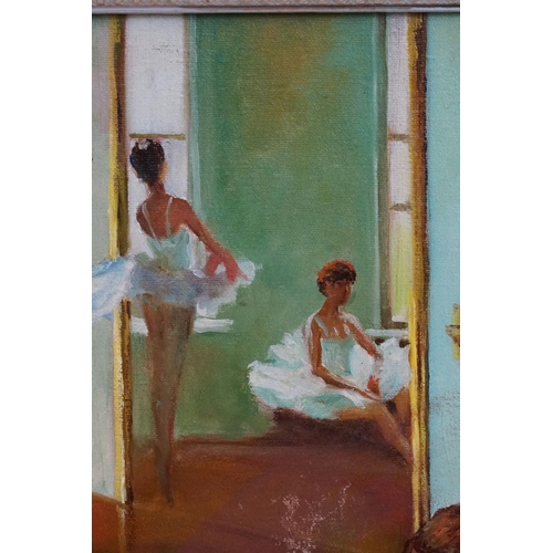 396 - A Russian oil on canvas depicting young ballerinas in a dance studio signed and inscribed on verso, ... 