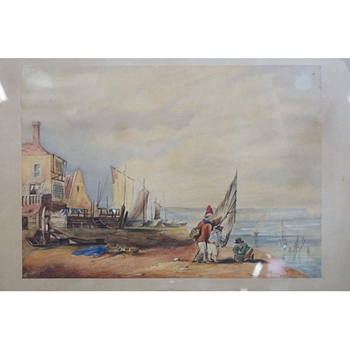 397 - 19th Century, beach fishing scene with figures in the foreground, watercolour, 22 x 31.5cm, gilt fra... 