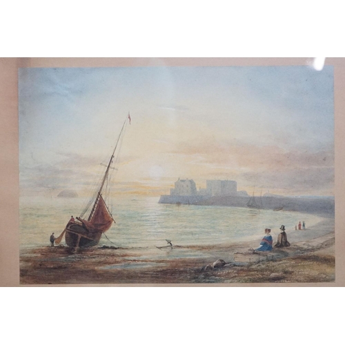 397 - 19th Century, beach fishing scene with figures in the foreground, watercolour, 22 x 31.5cm, gilt fra... 