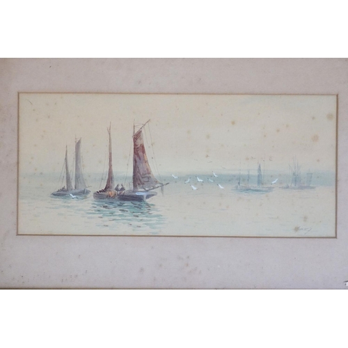 397 - 19th Century, beach fishing scene with figures in the foreground, watercolour, 22 x 31.5cm, gilt fra... 