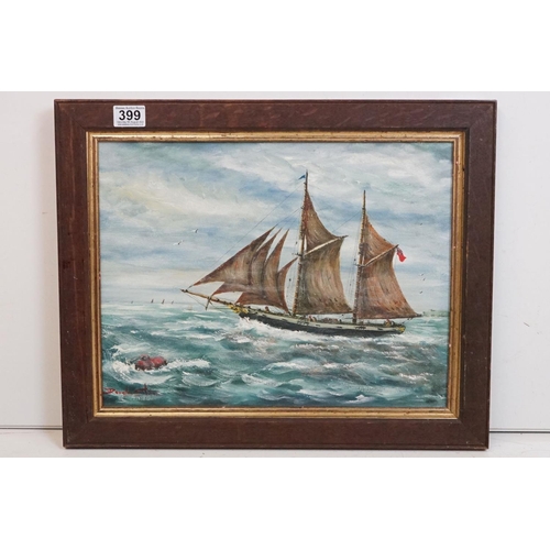 399 - Oil on board of a nautical scene, sail ship off an English Coastline, signed, 33cm x 43cm