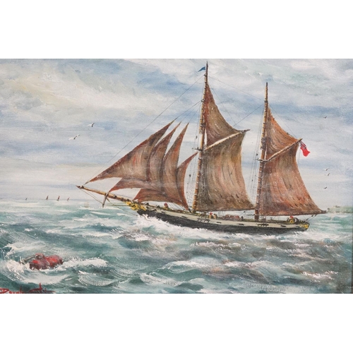 399 - Oil on board of a nautical scene, sail ship off an English Coastline, signed, 33cm x 43cm