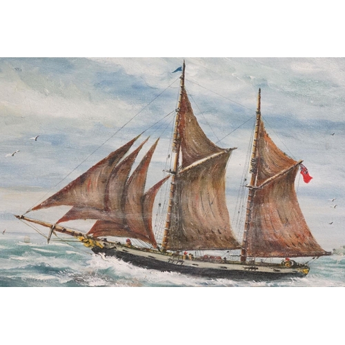 399 - Oil on board of a nautical scene, sail ship off an English Coastline, signed, 33cm x 43cm