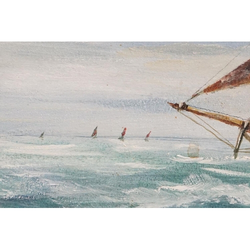 399 - Oil on board of a nautical scene, sail ship off an English Coastline, signed, 33cm x 43cm