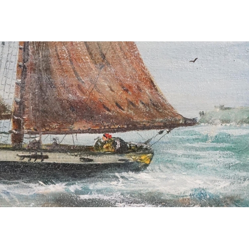 399 - Oil on board of a nautical scene, sail ship off an English Coastline, signed, 33cm x 43cm