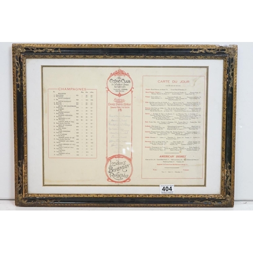 404 - 1928 an original framed menu and wine card for the famous Bohemian Cosmo Club in Wardour Street Lond... 