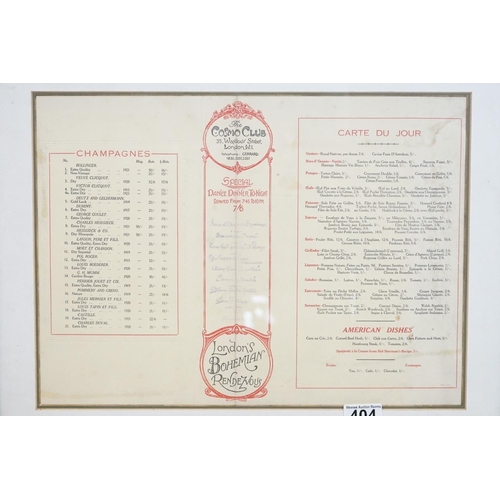 404 - 1928 an original framed menu and wine card for the famous Bohemian Cosmo Club in Wardour Street Lond... 