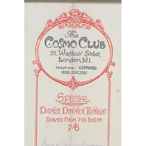 404 - 1928 an original framed menu and wine card for the famous Bohemian Cosmo Club in Wardour Street Lond... 