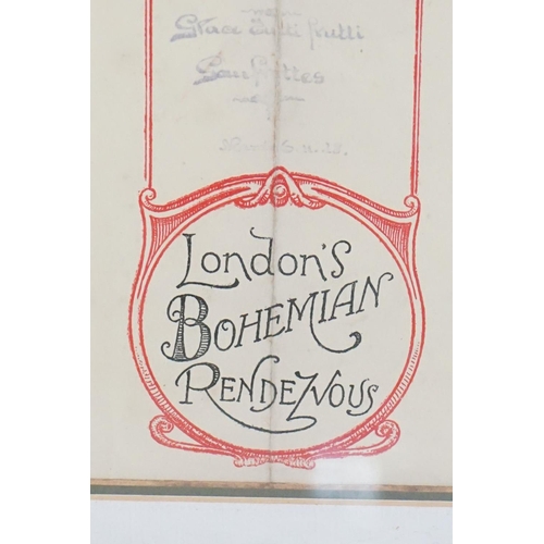 404 - 1928 an original framed menu and wine card for the famous Bohemian Cosmo Club in Wardour Street Lond... 