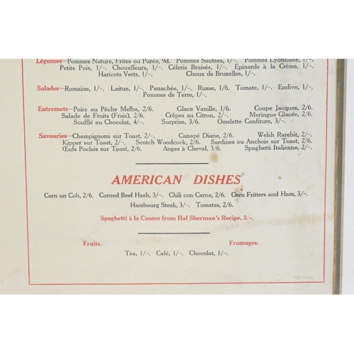 404 - 1928 an original framed menu and wine card for the famous Bohemian Cosmo Club in Wardour Street Lond... 