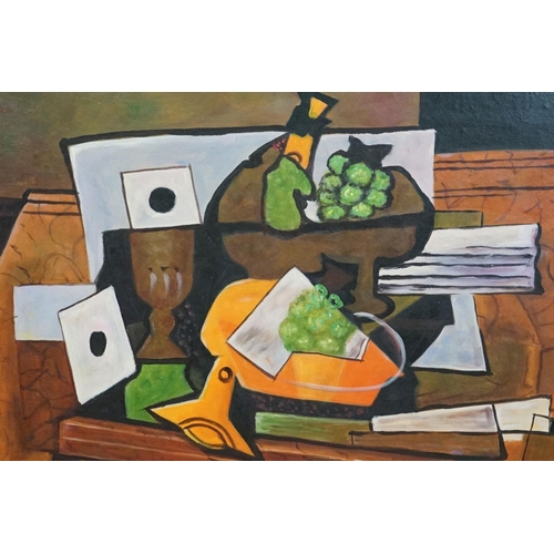 405 - Studio framed oil painting abstract still life of fruit, goblet and objects on a table, 43cm x 57.5c... 