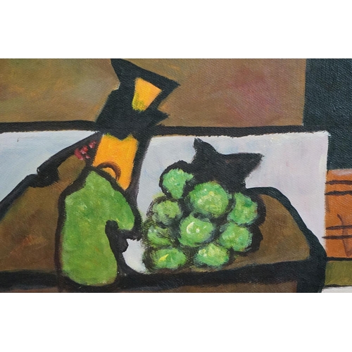 405 - Studio framed oil painting abstract still life of fruit, goblet and objects on a table, 43cm x 57.5c... 