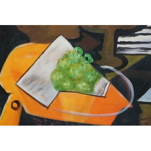 405 - Studio framed oil painting abstract still life of fruit, goblet and objects on a table, 43cm x 57.5c... 